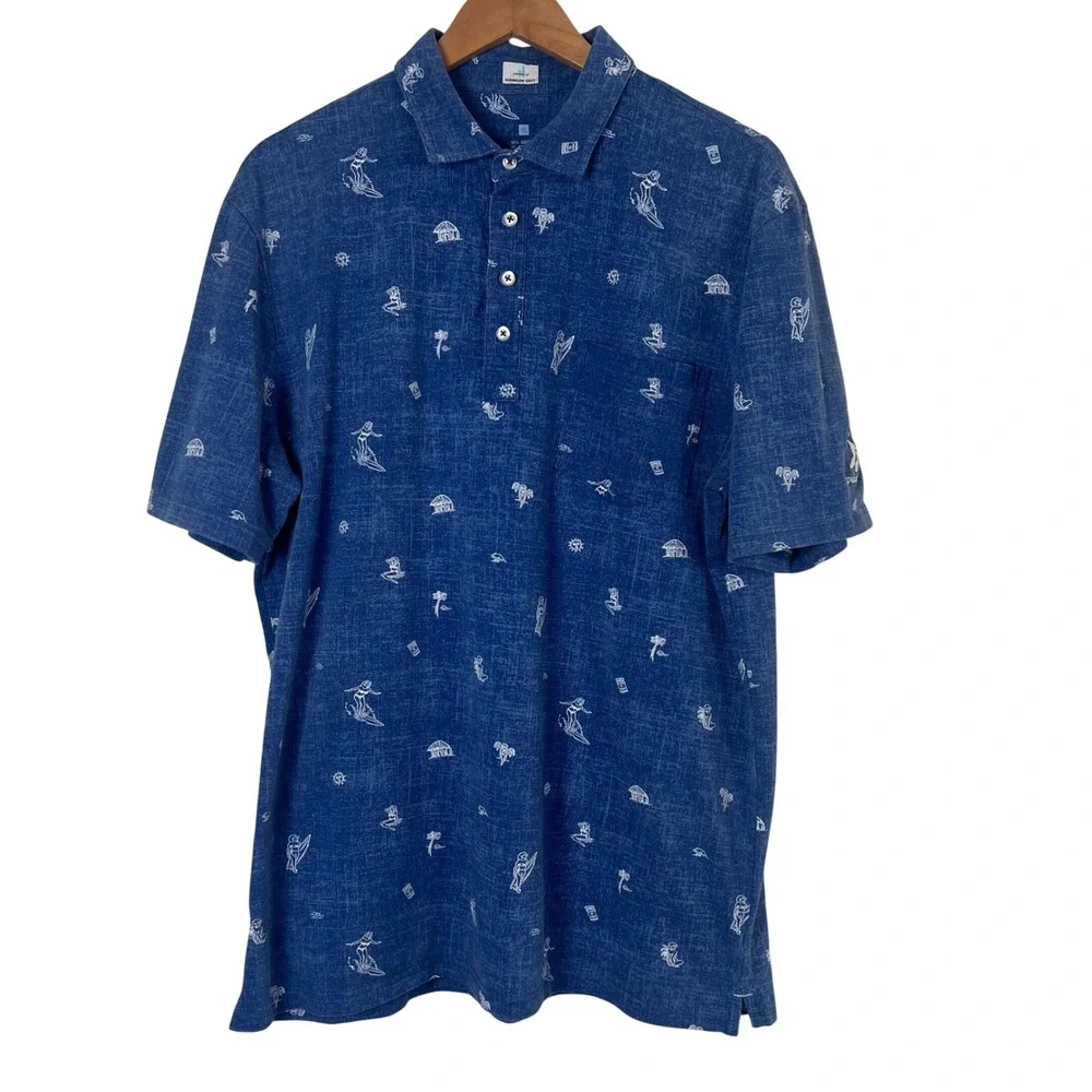 Johnnie-O‎ Hangin Out Buddy Polo Shirt Mens XL Oceanside Blue Hula Girl Kapalua